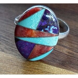 Southwest Silver Ring Multi Gemstone Inlay Sterling Size 8.75